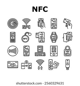 nfc technology contactless icons set vector. payment communication, proximity wireless, data transfer, chip tag, reader nfc technology contactless black contour illustrations