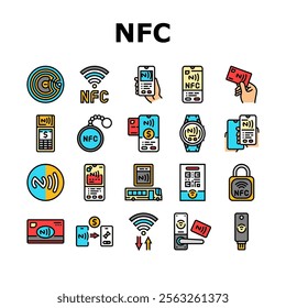 nfc technology contactless icons set vector. payment communication, proximity wireless, data transfer, chip tag, reader nfc technology contactless color line illustrations