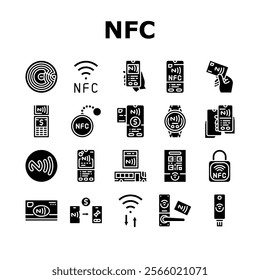 nfc technology contactless icons set vector. payment communication, proximity wireless, data transfer, chip tag, reader nfc technology contactless glyph pictogram Illustrations