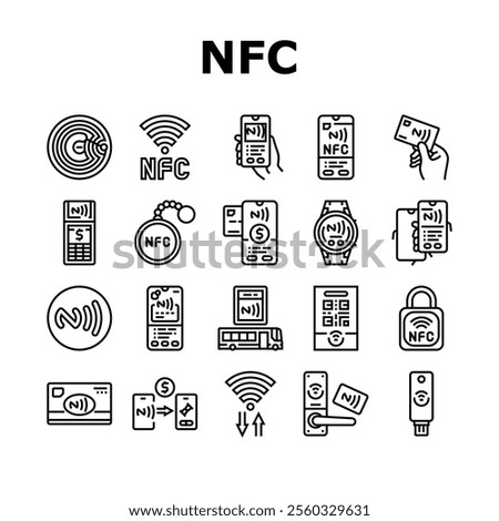 nfc technology contactless icons set vector. payment communication, proximity wireless, data transfer, chip tag, reader nfc technology contactless black contour illustrations