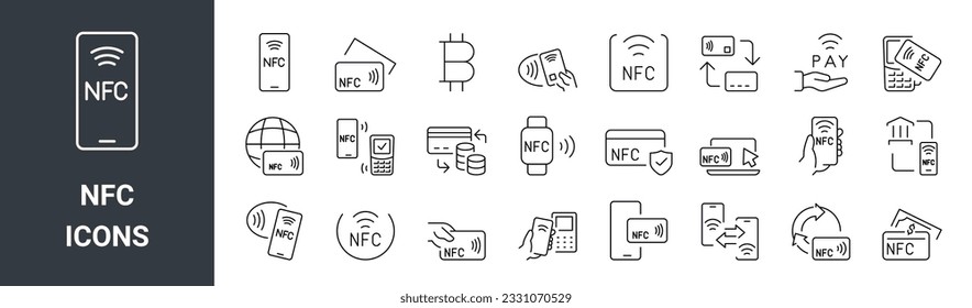 nfc technology, Contactless payment icon set vector illustration, Wireless payment, money, bitcoin, credit card, editable Stroke