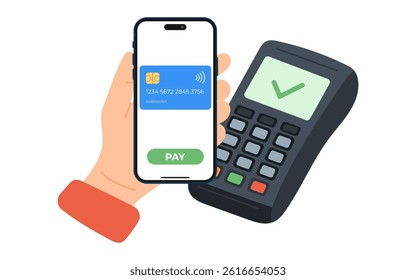 NFC technology contactless payment with smartphone and virtual credit card at POS terminal, flat vector illustration for digital wallets, mobile banking apps, tap to pay systems
