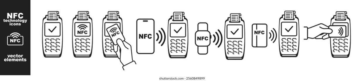 NFC technology. Contactless wireless payment by phone, watch or card icons set isolated on transparent background