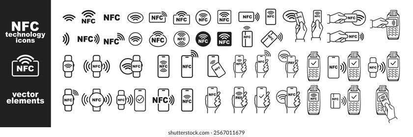 NFC technology. Contactless wireless payment by phone, watch or card icons set isolated on transparent background