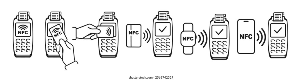 NFC technology. Contactless wireless payment by phone, watch or card icons set isolated on transparent background