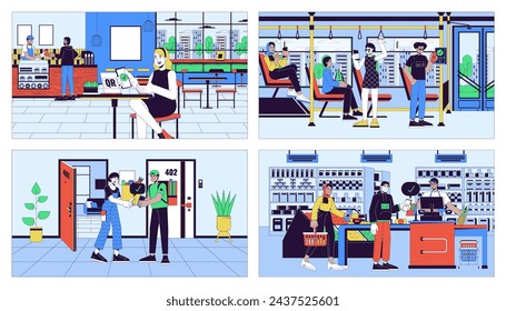 NFC technology everyday cartoon flat illustration set. Cashless transaction multicultural adults 2D line characters colorful backgrounds collection. Banking online scenes vector storytelling images