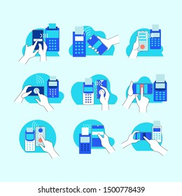 NFC technology flat style concept with smartphones in hands payment information transfer. Mobile payment concept