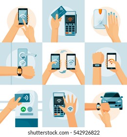 NFC technology flat style concept with smartphones in hands payment information transfer and identification isolated vector illustration