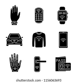 NFC technology glyph icons set. Near field bracelet, POS terminal, smartwatch, car, clothes, smartphone, implant, door lock, identification system. Silhouette symbols. Vector isolated illustration