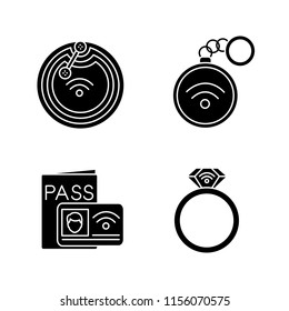 NFC technology glyph icons set. Near field chip, trinket, identification system, ring. Silhouette symbols. Vector isolated illustration