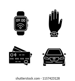 NFC technology glyph icons set. Near field smartwatch, bracelet, credit cards, car. Silhouette symbols. Vector isolated illustration