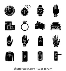 NFC technology glyph icons set. Near field communication. RFID and nfc tag, sticker, phone, trinket, ring, implant. Contactless technology. Silhouette symbols. Vector isolated illustration