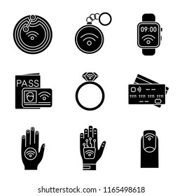 NFC technology glyph icons set. Near field chip, trinket, smartwatch, identification system, ring, credit card, sticker, hand implant, manicure. Silhouette symbols. Vector isolated illustration