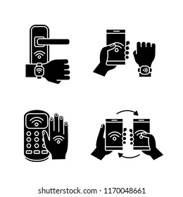 NFC technology glyph icons set. Near field door lock, bracelet, payment terminal, data transfer. Silhouette symbols. Vector isolated illustration