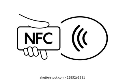NFC technology. Hand holding Phone. Contactless wireless pay sign logo. Near Field Communication nfc payment concept. Contact less. NFC payment with mobile phone. Credit card. Vector icon.