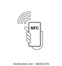 NFC technology, hand with phone, isolated on white background. Concept contactless payment. Outline line simpe design. Vector illustration.