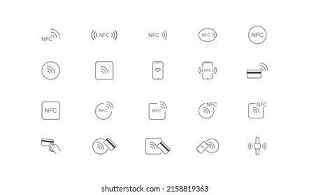 NFC technology icon. NFC payment set icons. Wireless payment symbol collection, credit card tap pay. Vector flat isolated line illustration