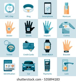 NFC technology icons set with chip ring  trinket banking card and identification flat style isolated vector illustration