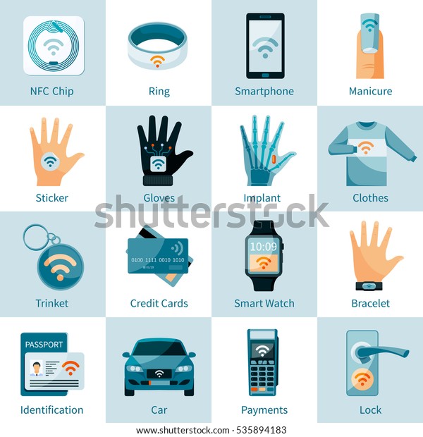NFC technology icons set with chip ring \
trinket banking card and identification flat style isolated vector\
illustration