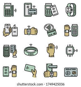 Iconos de tecnología Nfc establecidos. Conjunto de esquemas de iconos vectoriales de tecnología nfc para el diseño web aislado en fondo blanco
