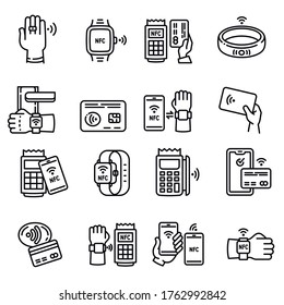 Iconos de tecnología Nfc establecidos. Conjunto de esquemas de iconos vectoriales de tecnología nfc para el diseño web aislado en fondo blanco