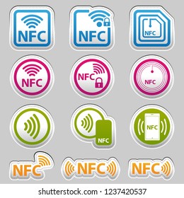 NFC Technology Icons - Silver Metallic Sticker - Colorful Vector Illustration - Isolated On Gray Background