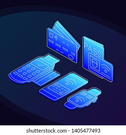 NFC technology isometric color vector illustration. Cashless payments linear icons infographic. Contactless transactions 3d concept. Near field communication. Gradient isolated design elements