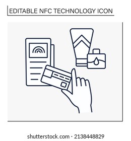 NFC technology line icon. Buying beauty creams and masks. Cosmetology. Beauty procedures. Paying by credit card. Contactless payment concept. Isolated vector illustration. Editable stroke