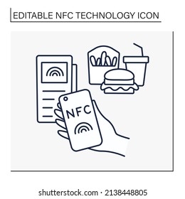 NFC technology line icon. Cashless payment in cafes. Fast paying in fast food restaurants. Banking terminal. Contactless payment concept. Isolated vector illustration. Editable stroke