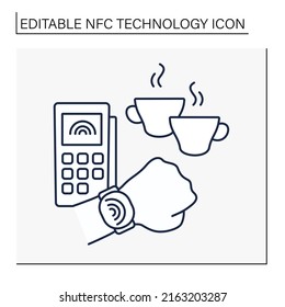 NFC technology line icon. Cashless payment in cafe. Fast paying for coffee by smart watch. Banking terminal. Contactless payment concept. Isolated vector illustration. Editable stroke