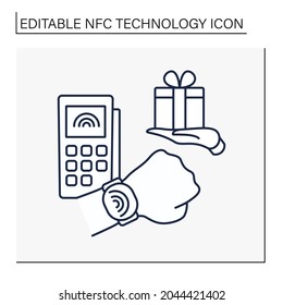 Icono de línea de tecnología NFC. Pago sin contacto por pulsera. Compras. Comprar regalos y regalos.Concepto de pago sin contacto. Ilustración vectorial aislada. Trazo editable