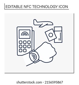 NFC technology line icon. Digital tickets bought by smart watch. Trip planning. Contactless payment concept. Isolated vector illustration. Editable stroke