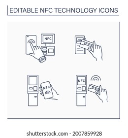 Conjunto de iconos de línea de tecnología NFC. Sistema de pago de seguridad en reloj inteligente o teléfono móvil. Comunicación Cercana al Campo. Concepto de pago sin contacto. Ilustración vectorial aislada. Trazo editable