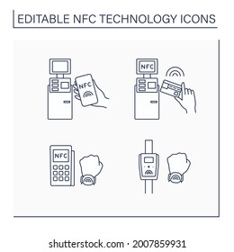 NFC technology line icons set. Safety payment system on smart watch or mobile phone. Near Field Communication. Contactless payment concept. Isolated vector illustration. Editable stroke