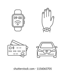 NFC technology linear icons set. Near field smartwatch, bracelet, credit cards, car. Thin line contour symbols. Isolated vector outline illustrations. Editable stroke