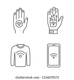 NFC technology linear icons set. Near field hand sticker, implant, clothes, smartphone. Thin line contour symbols. Isolated vector outline illustrations. Editable stroke