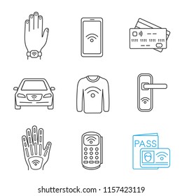 NFC technology linear icons set. Near field bracelet, smartphone, credit card, car, clothes, door lock, hand implant, POS terminal identification system. Isolated vector illustrations. Editable stroke
