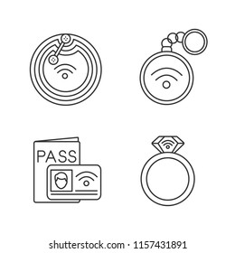 NFC technology linear icons set. Near field chip, trinket, identification system, ring. Thin line contour symbols. Isolated vector outline illustrations. Editable stroke