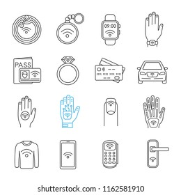 NFC technology linear icons set. Near field communication. RFID and nfc tag, sticker, phone, trinket, ring, implant. Thin line contour symbols. Isolated vector outline illustrations. Editable stroke