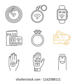 NFC technology linear icons set. Near field chip, trinket, smartwatch, identification system, ring, credit card, sticker, hand implant, manicure. Isolated vector outline illustrations. Editable stroke