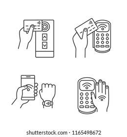 NFC technology linear icons set. Near field credit card reader, payment terminal, bracelet and smartphone, hand sticker. Thin line symbols. Isolated vector outline illustrations. Editable stroke