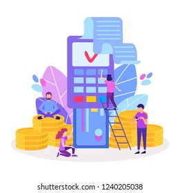 Tecnología Nfc, aplicación móvil, terminal de pago atm. Ilustración vectorial para medios sociales, carteles, afiches