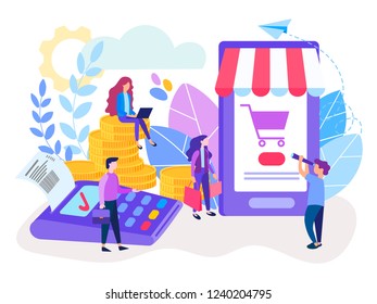 Nfc technology, mobile app, online shopping and payment terminal POS. Сontactless payment. Vector illustration for social media, banners, posters