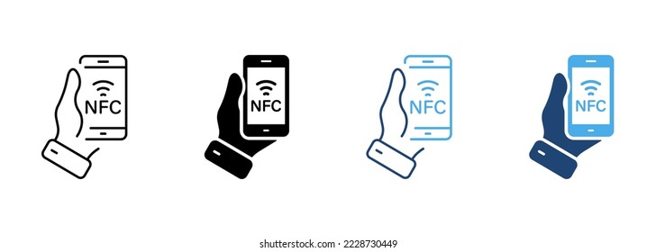 NFC Technology in Mobile Phone Line and Silhouette Icon Set. Hand Hold Smartphone Contactless Payment for Pictogram. Pay Wave Symbol Collection on White Background. Isolated Vector Illustration.