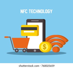 nfc technology mobile phone shopping cart wifi credit card money
