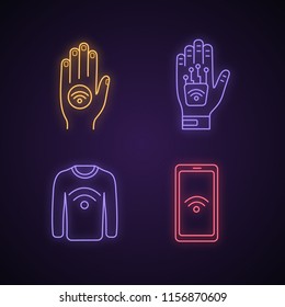 NFC technology neon light icons set. Near field hand sticker, implant, clothes, smartphone. Glowing signs. Vector isolated illustrations