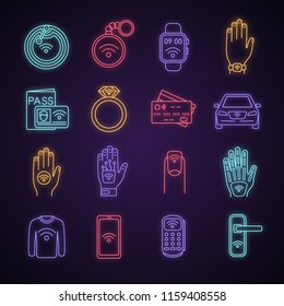 NFC technology neon light icons set. Near field communication. RFID and nfc tag, sticker, phone, trinket, ring, implant. Contactless technology. Glowing signs. Vector isolated illustrations