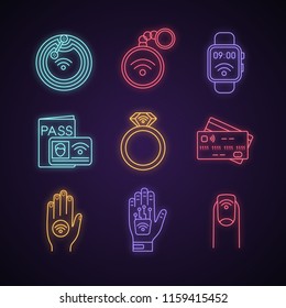 NFC technology neon light icons set. Near field chip, trinket, smartwatch, identification system, ring, credit card, sticker, hand implant, manicure. Glowing signs. Vector isolated illustrations