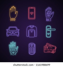 NFC technology neon light icons set. Near field bracelet, smartphone, hand implant, car, clothes, door lock, POS terminal, credit card. Glowing signs. Vector isolated illustrations