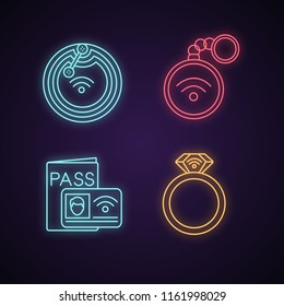 NFC technology neon light icons set. Near field chip, trinket, identification system, ring. Glowing signs. Vector isolated illustrations